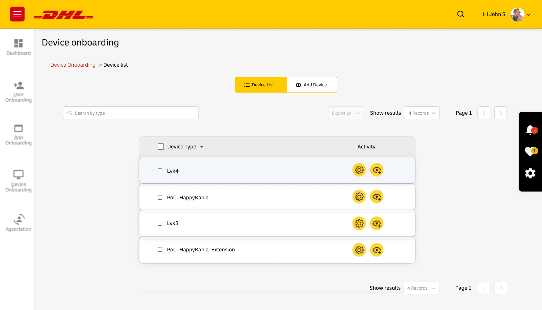 DHL IoT device onboarding device list