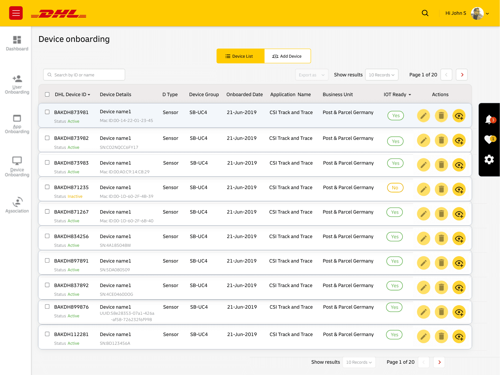 DHL IoT device onboarding flow