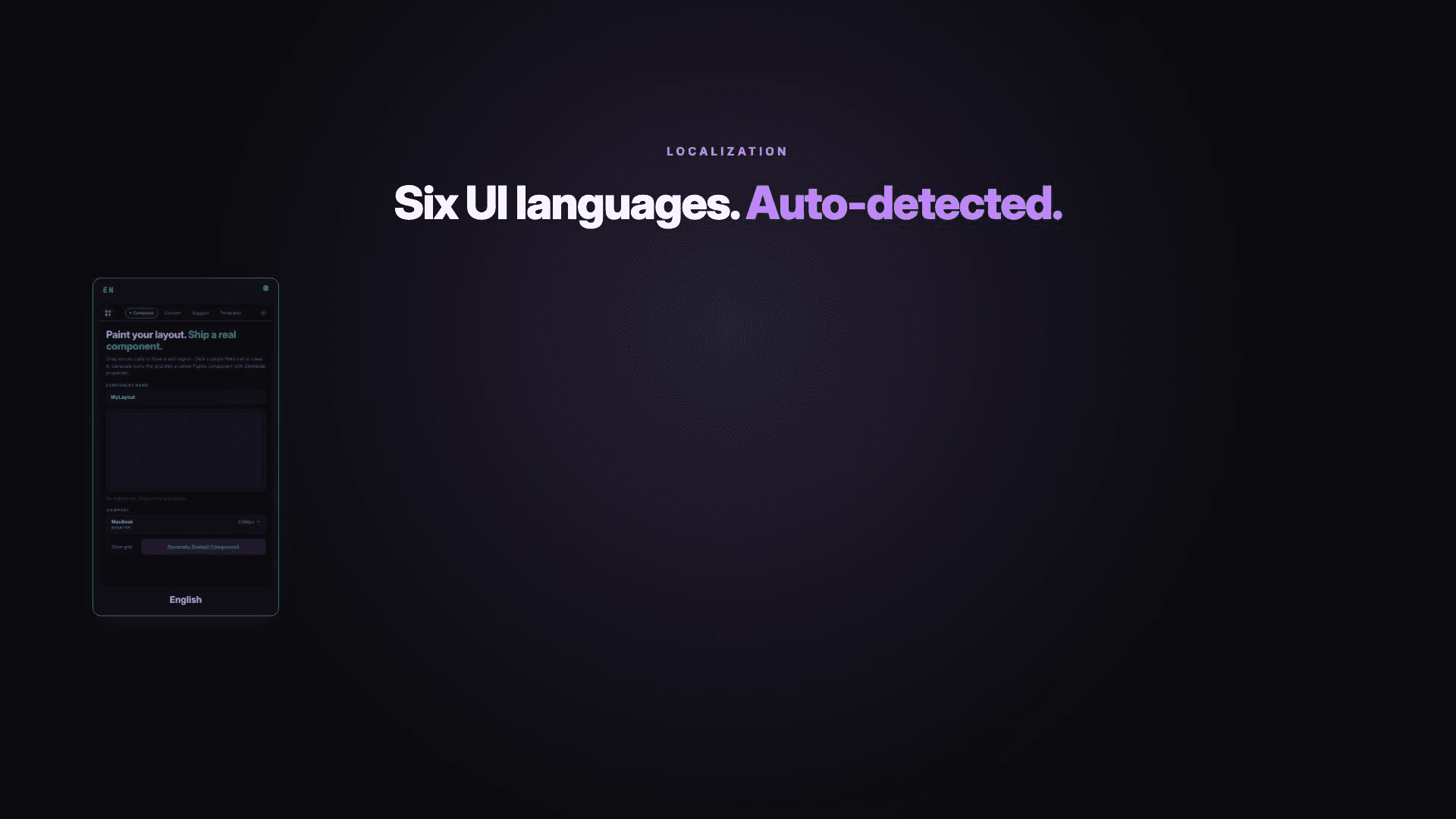 DSI: Slot interface shown in six languages, auto-detected from the Figma locale