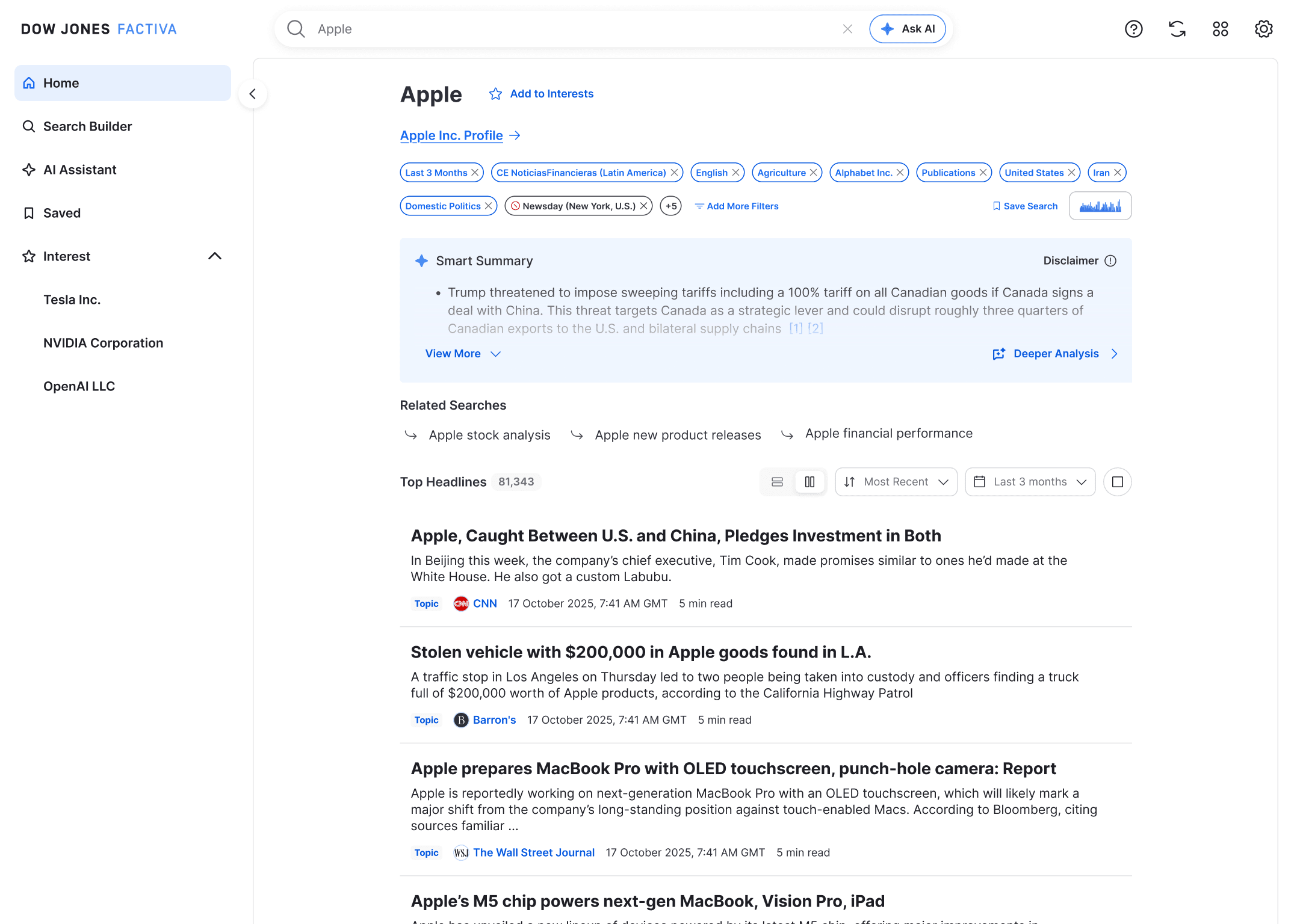Factiva Unified Search Filters with applied filter chips and AI Smart Summary