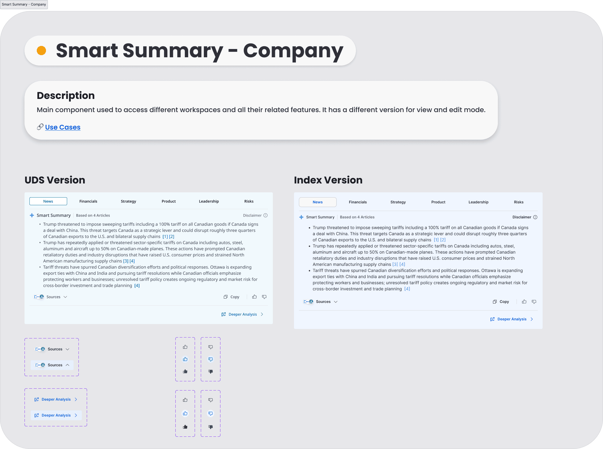The company-page Smart Summary with its feedback and analysis controls, in both system versions