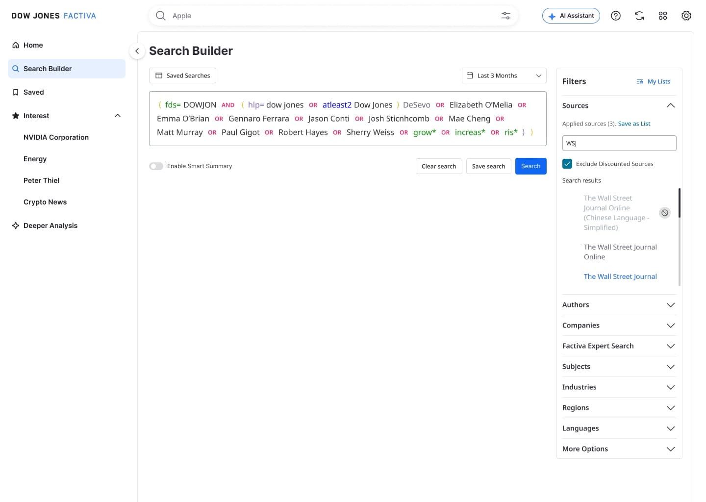 Factiva Search Builder 2.0 query canvas