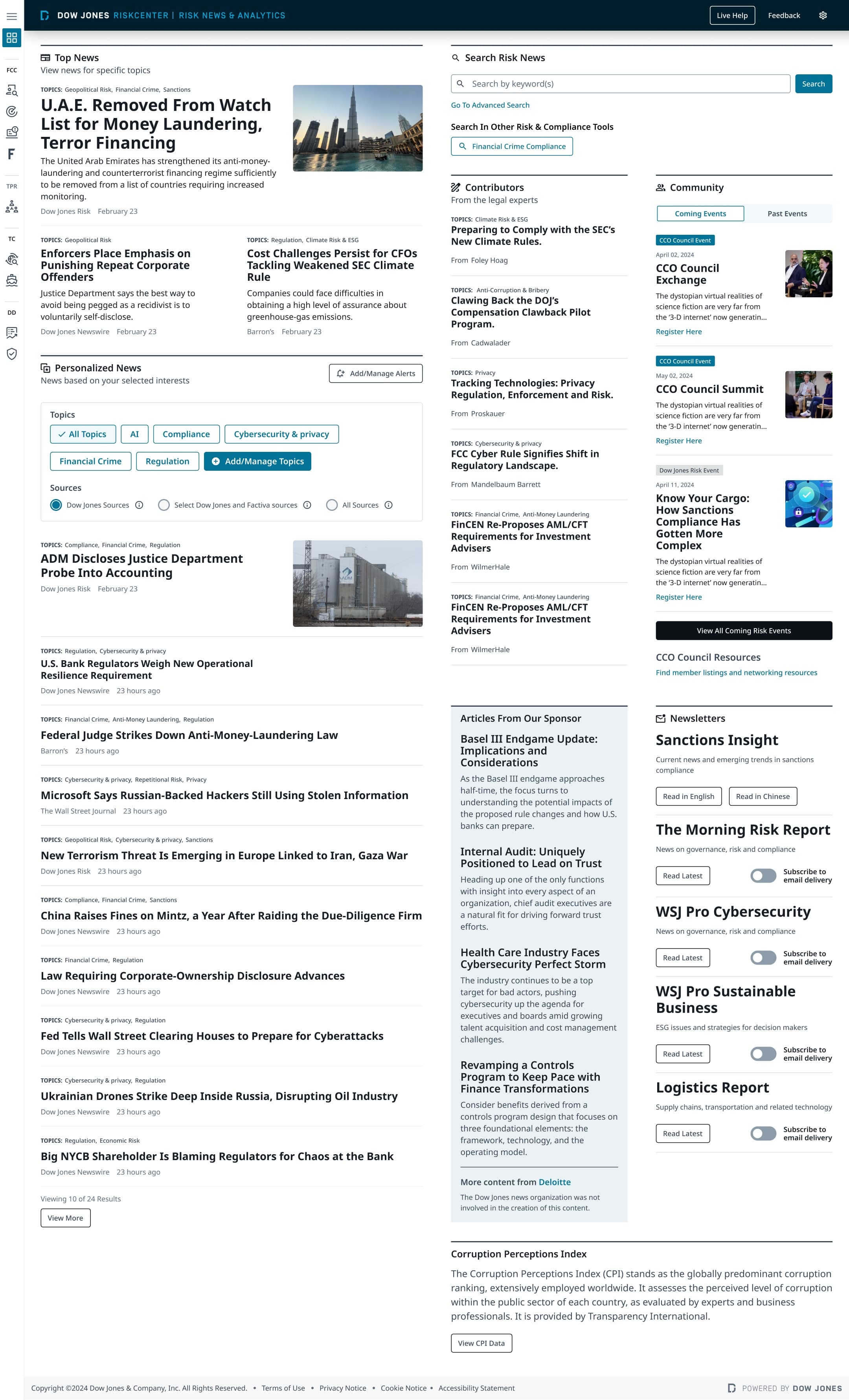 Dow Jones Risk Journal dashboard