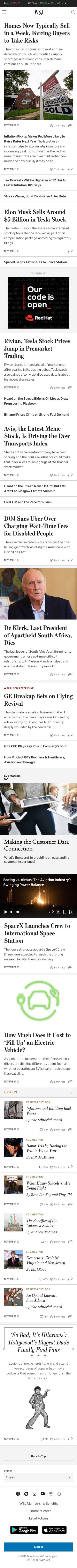 The WSJ homepage on mobile web