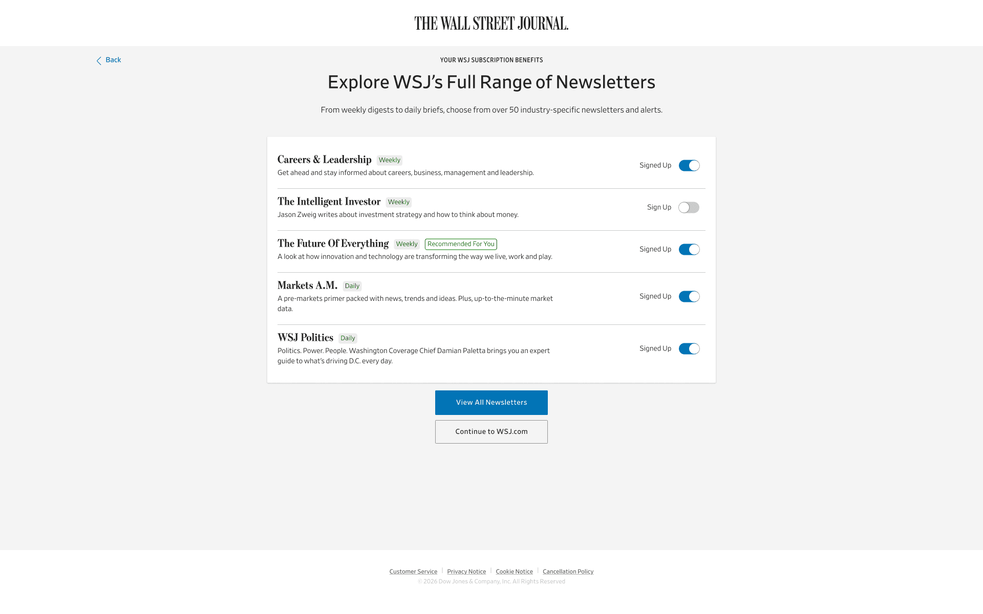 Explore WSJ's Full Range of Newsletters, desktop