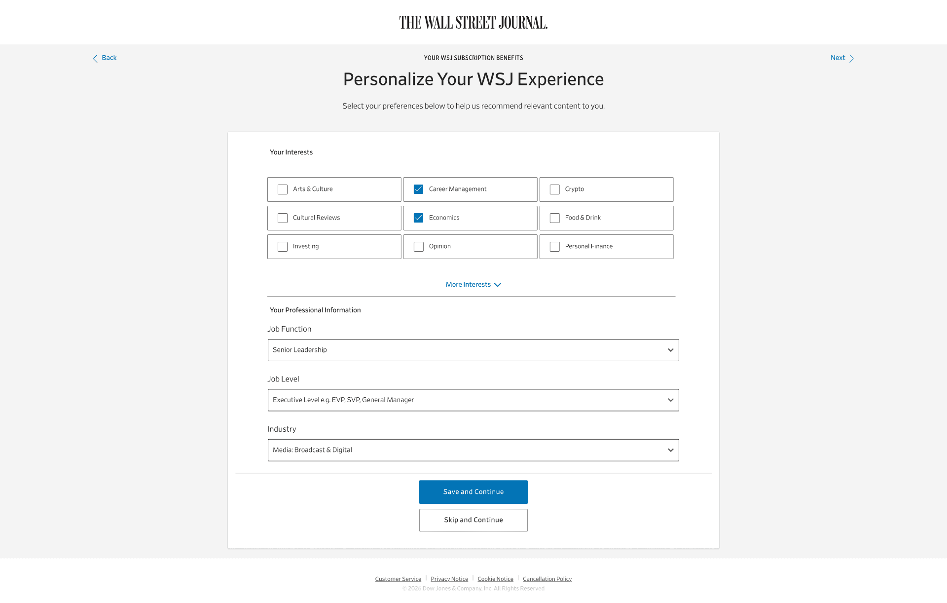 WSJ onboarding - Personalize Your WSJ Experience screen