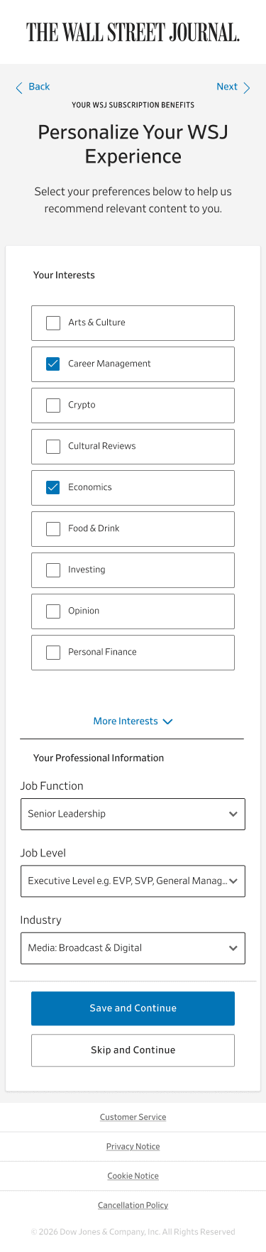 Personalize Your WSJ Experience, mobile
