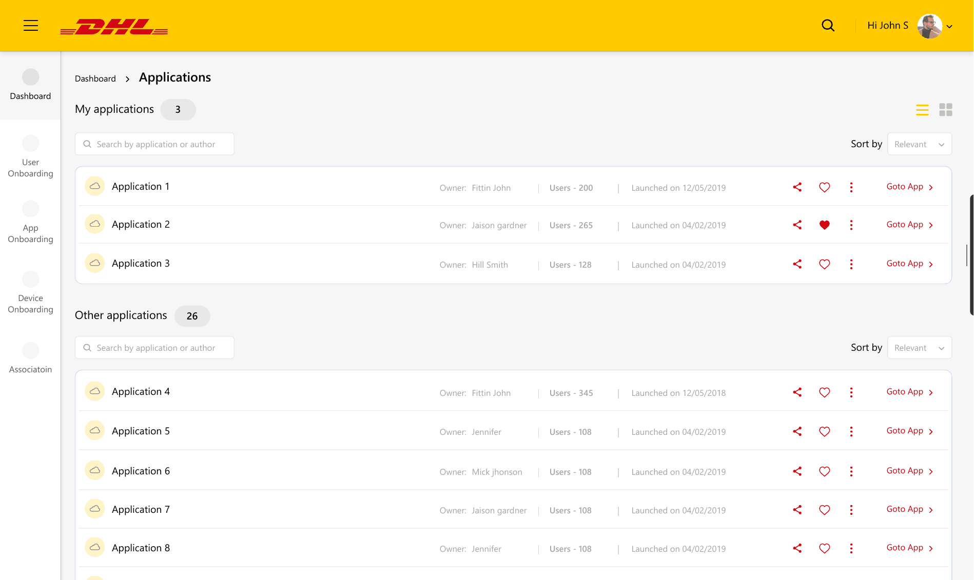 Application cards with sort and view controls