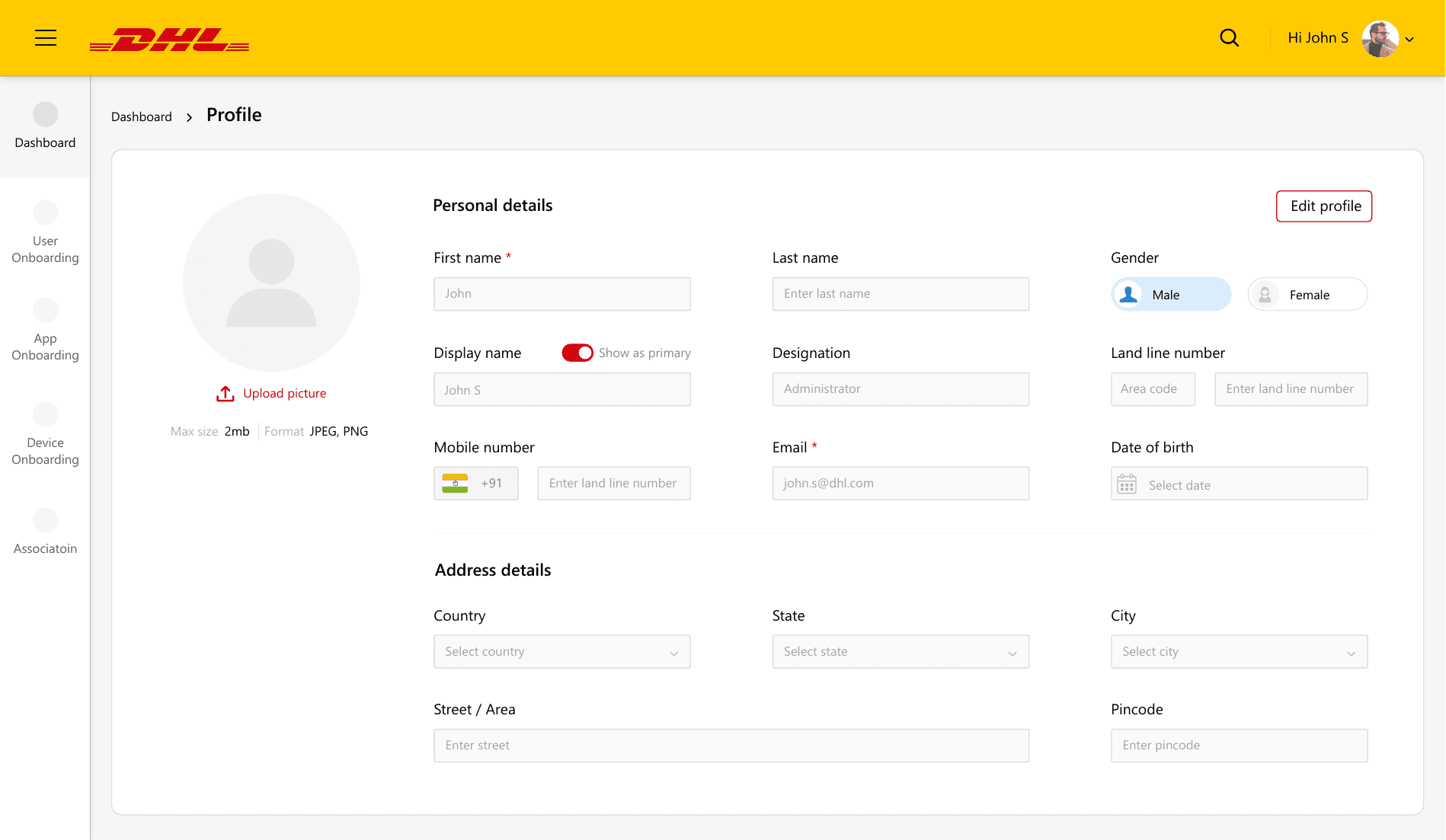 Profile details and edit controls