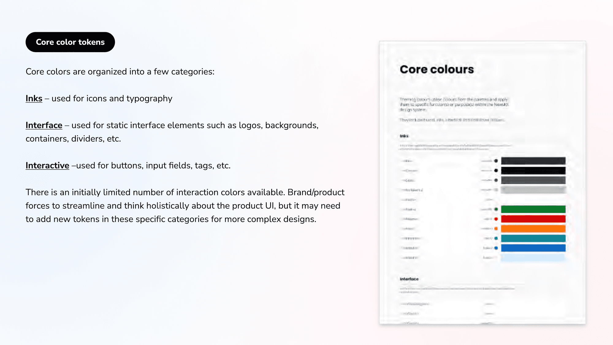 Core color tokens: inks, interface, interactive