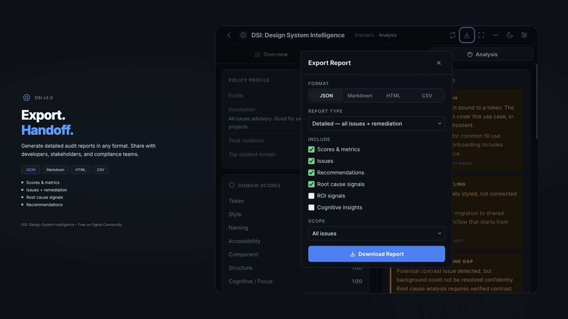 The DSI export report dialog with format and content options