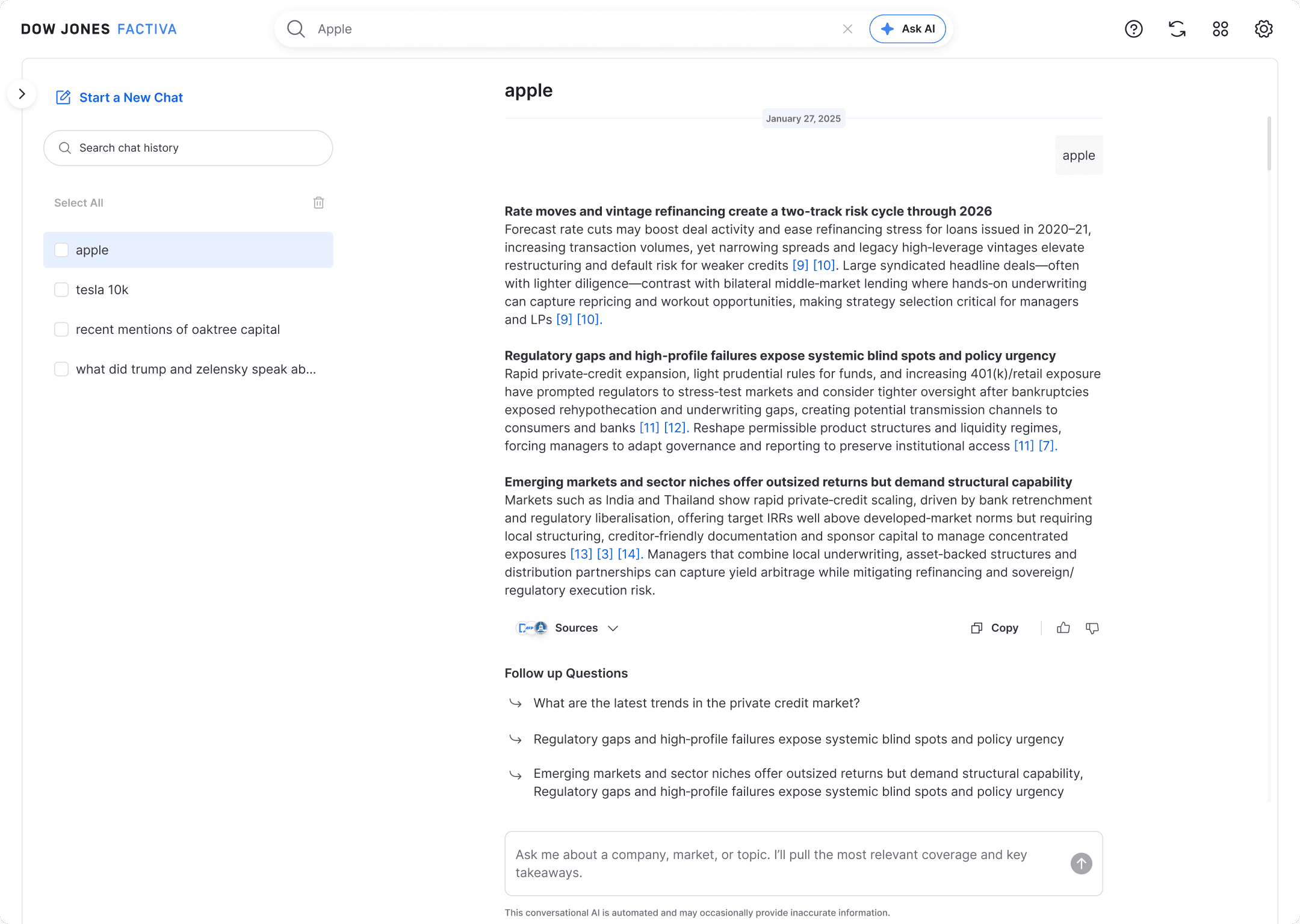 Factiva AI research copilot answering with cited sources