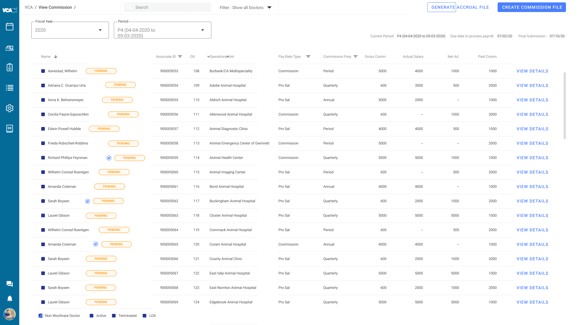 VCA View Commission screen with accrual and commission file actions
