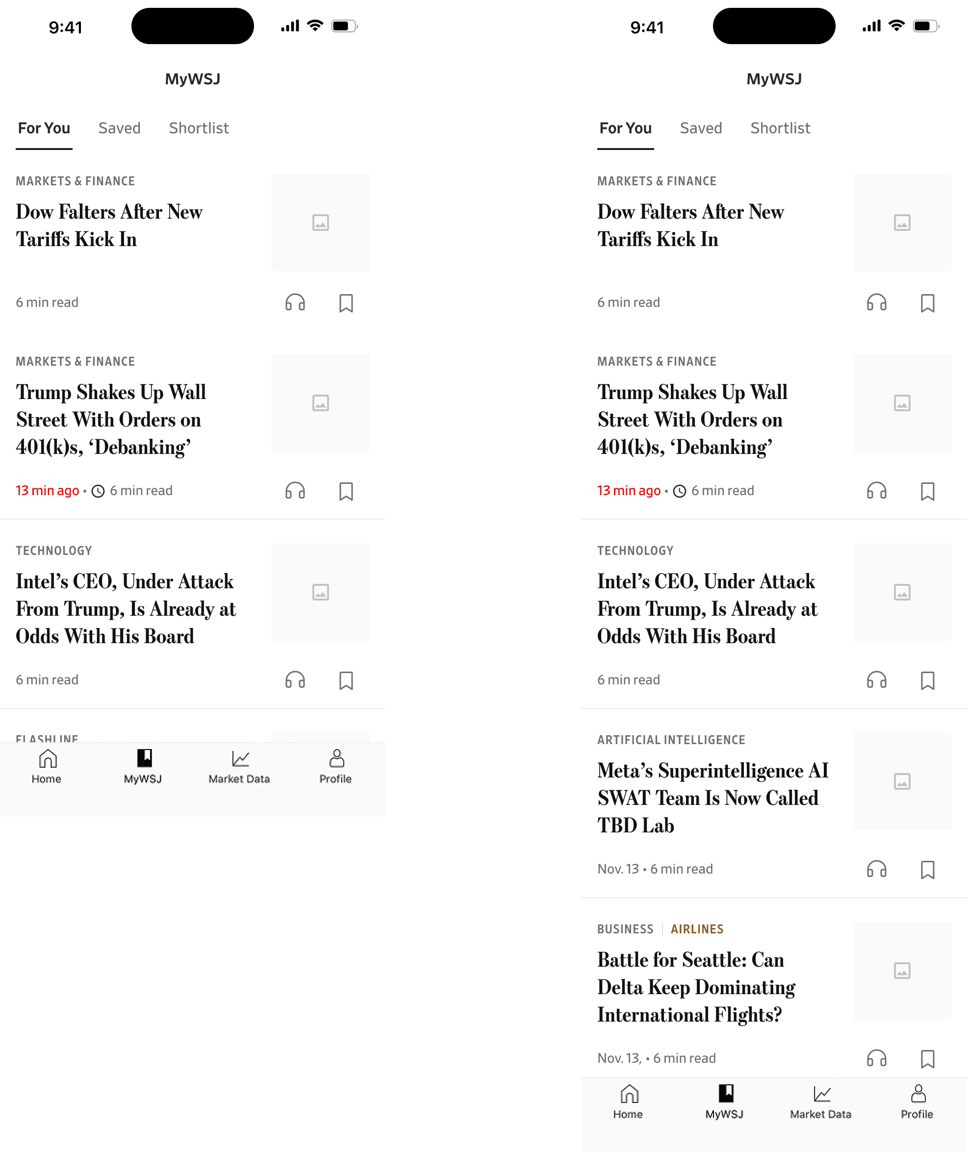MyWSJ "For You" feed in the light theme