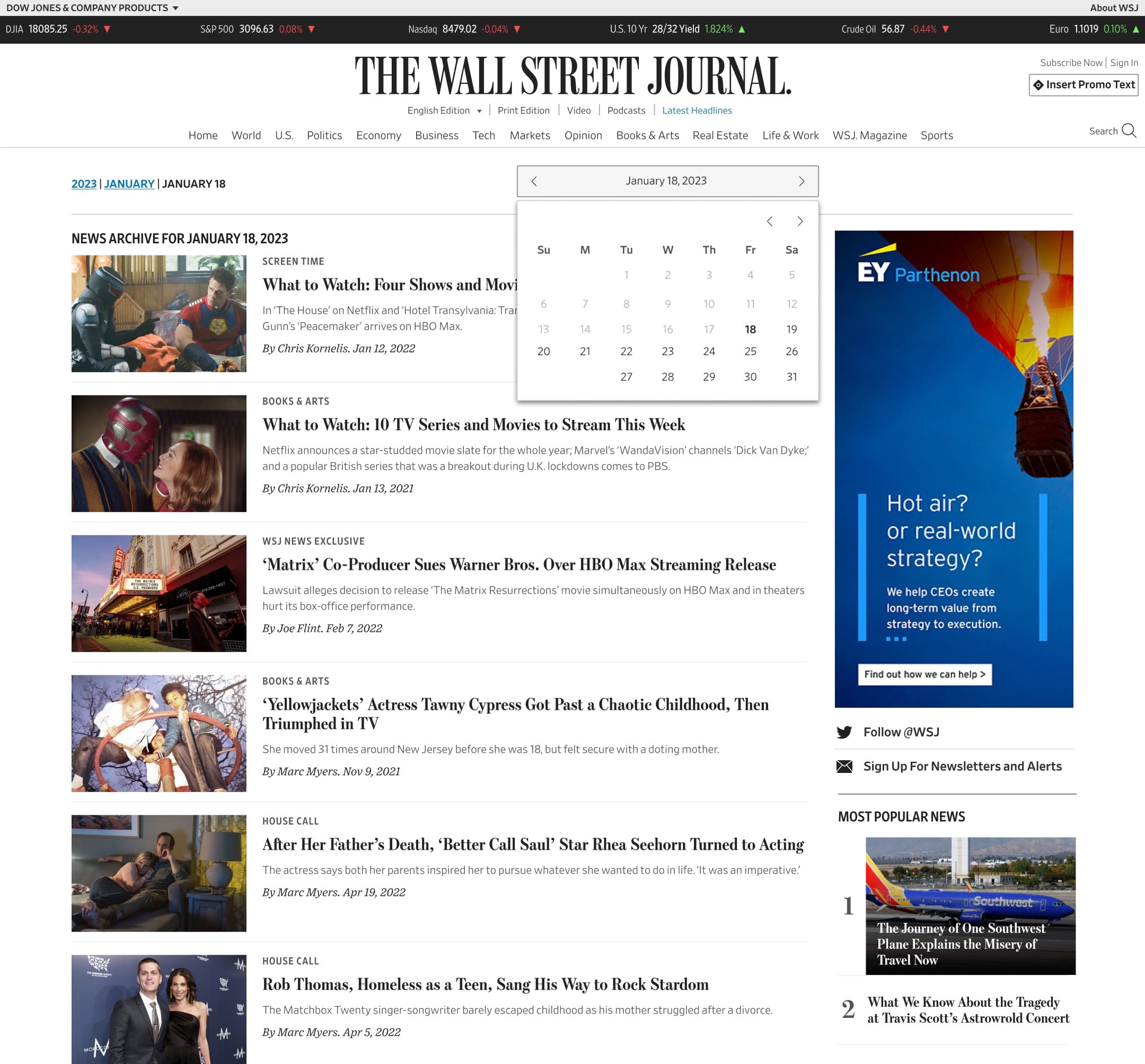 The WSJ archive landing page