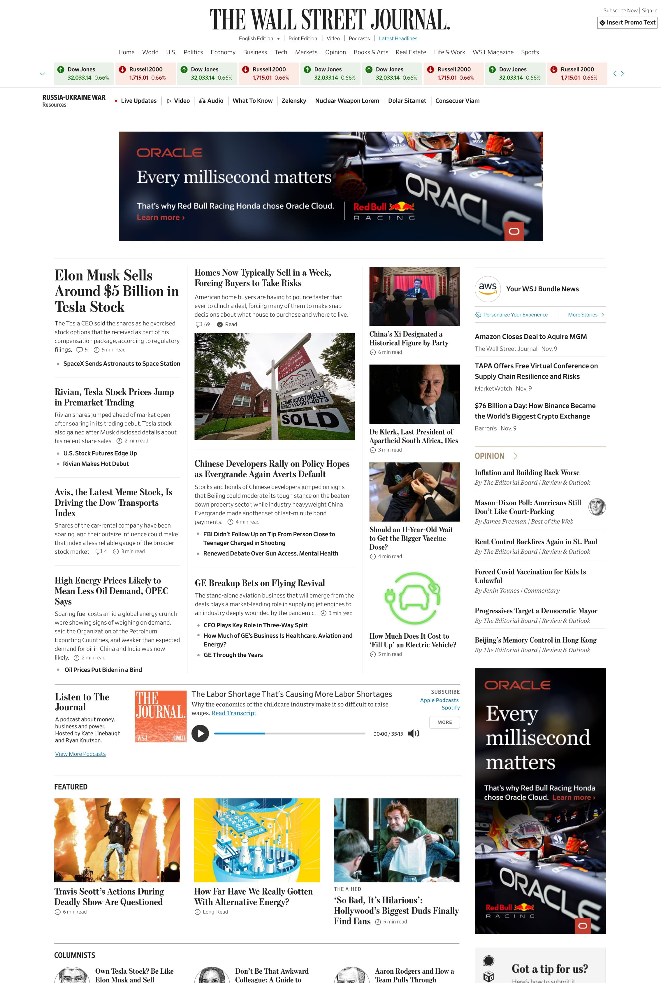 The WSJ homepage with the elections ribbon module