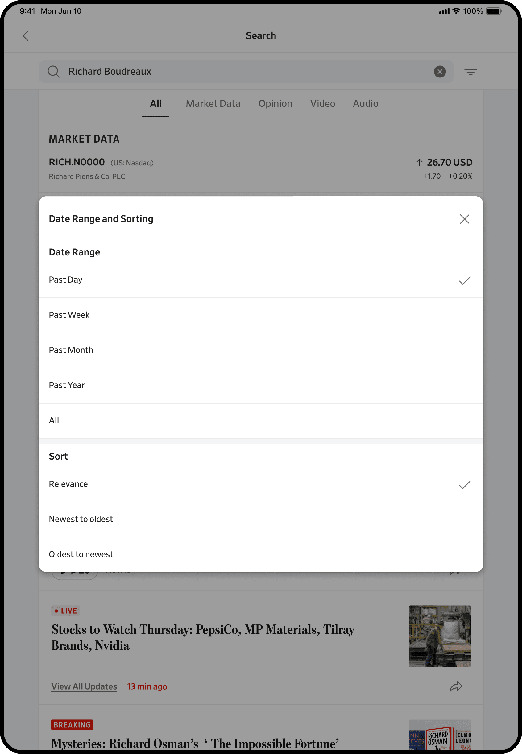 iPad filter as a centered modal