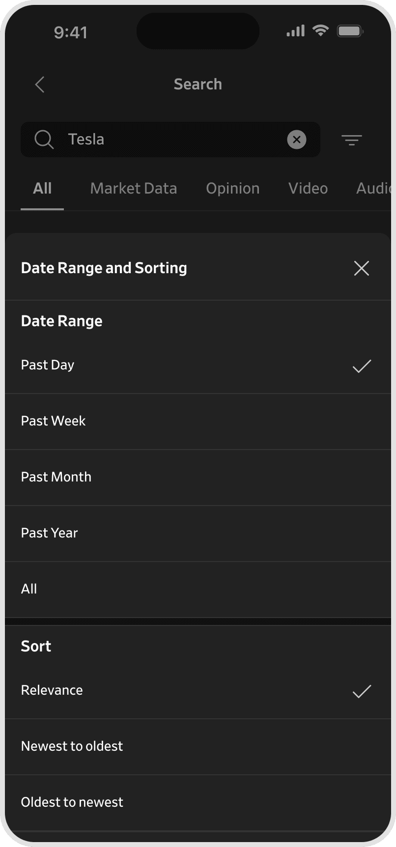 iPhone date-range and sorting bottom sheet over results